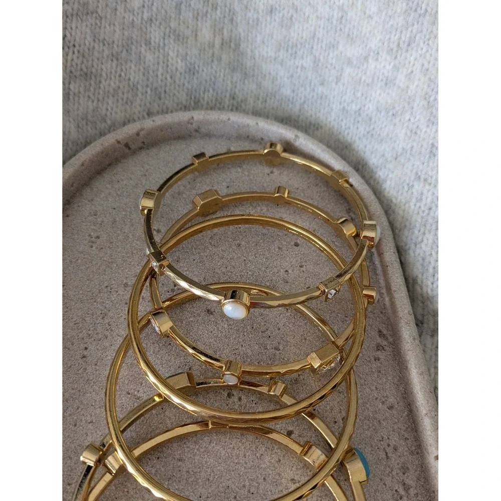 Bangle Bracelet Set Of 6 In Gold Tone With Bezeled Rhinestones Heavyweight